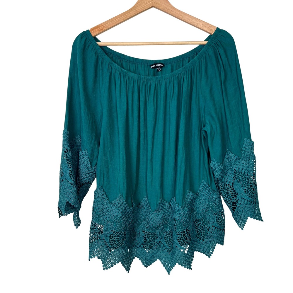 Unique Spectrum Teal Crochet Lace Boho Peasant Blouse XL 3/4 Sleeve Off Shoulder